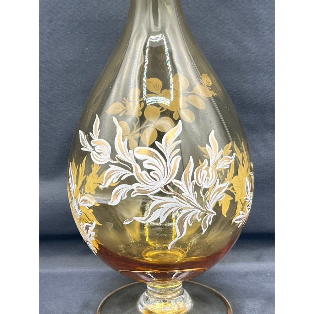 Vtg Amber Glass Decanter Floral Hand Painted Barware Carafe‎ 13.5